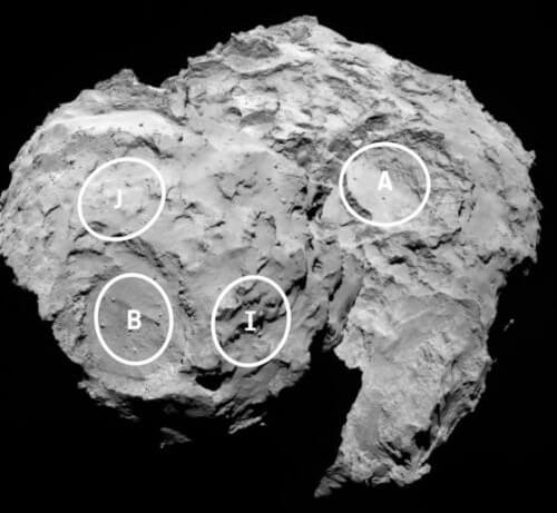 صورة لمواقع الهبوط المحتملة لمركبة الهبوط "فيلة" على المذنب 67P Churyumov-Gardimenko. الصورة: وكالة الفضاء الأوروبية/روزيتا/MPS لفريق أوزيريس MPS/UPD/LAM/IAA/SSO/INTA/UPM