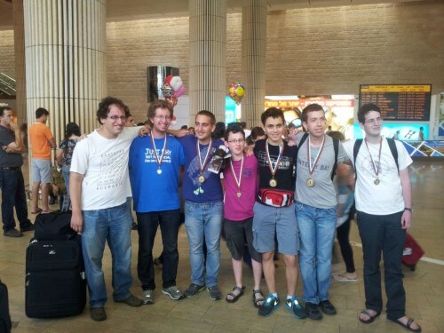 Israel's math team 2014: from left to right: Lev Radzivilovski, Guy Reva, Tom Calvary, Nitzan Tor, Omri Solan, Yoav Krause, Amots Oppenheim.
