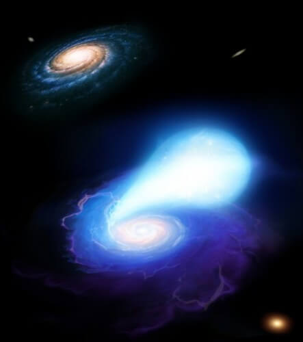 تصور فني لنجم نيوتروني وقزم أبيض يبتعدان عن المجرة المضيفة لهما. بمجرد خروجهم من المجرة، يندمجون ليشكلوا المستعر الأعظم الوحيد في الكون. الائتمان: مارك جارليك / space-art.co.uk / جامعة وارويك
