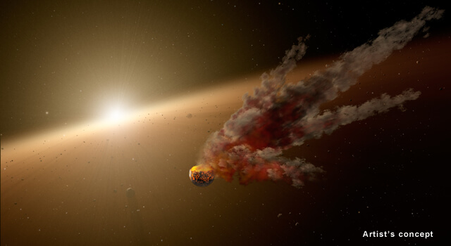 This artist's illustration shows what happened immediately after a large asteroid impact around NGC 2,547-ID8, a 35-million-year-old Sun-like star that is beginning to form rocky planets. Image: NASA/JPL-Caltech