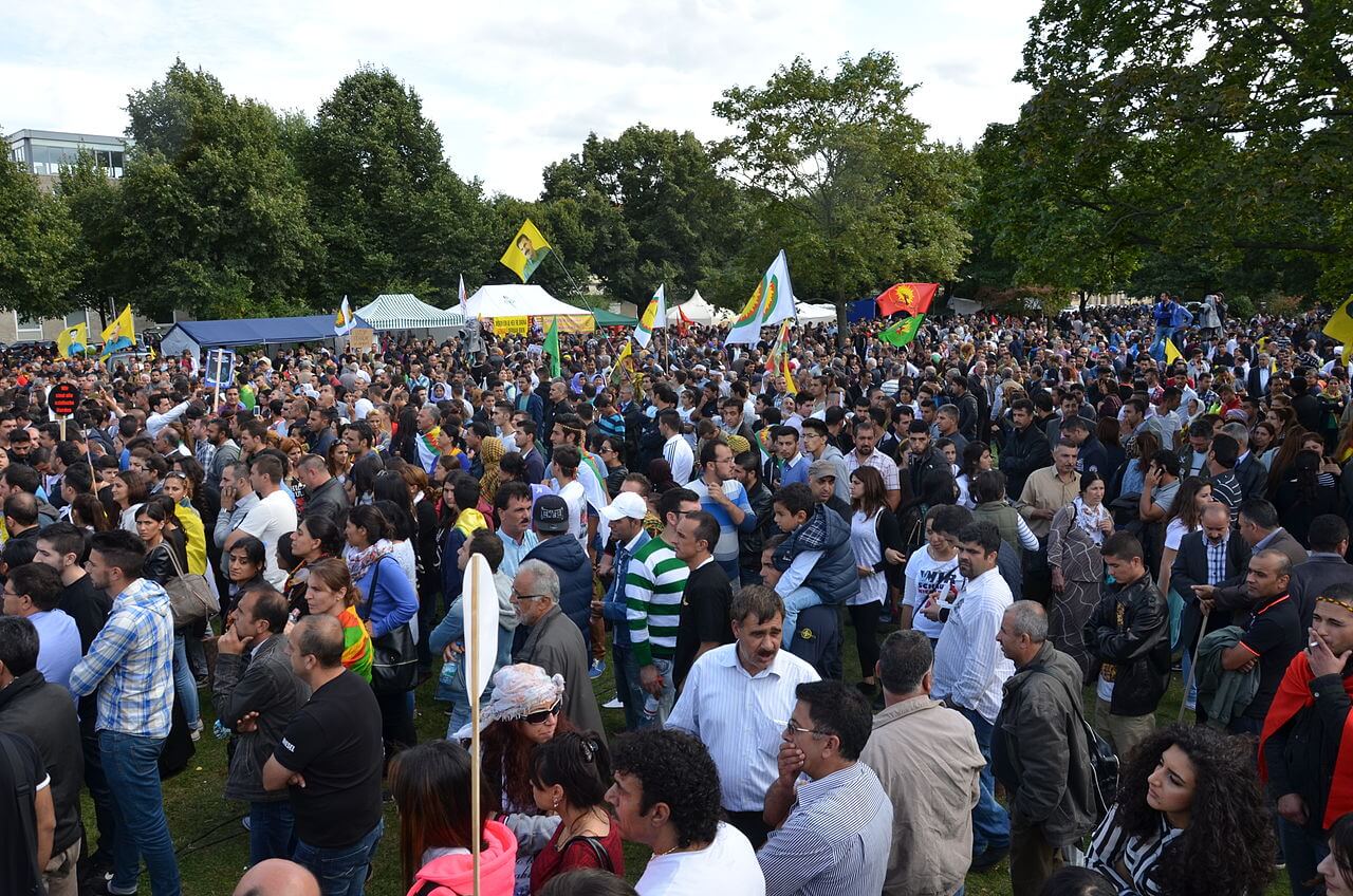 A demonstration of about ten thousand Kurds in the German city of Hanover, August 16, 2014. The demonstrators shout against the massacres by the ISIS organization of the minority people in Iraq. From Wikipedia