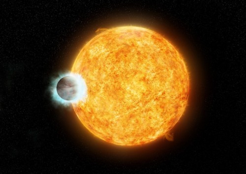 כוכב הלכת WASP-18b, מסוג צדק חם, גורם לכוכב האם שלו WASP-18 להיראות עתיק מגילו. איור: NASA/CXC/M. Weiss