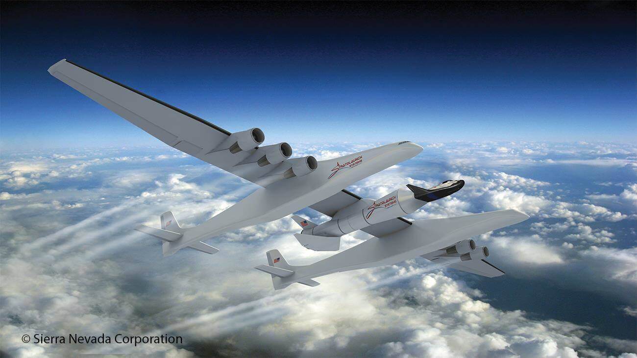 The DREAM CHASER spaceship on a Stratosphere aircraft. Illustration: Sierra Nevada