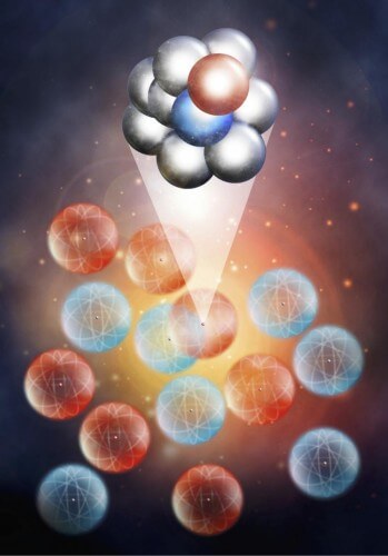 : Nucleon pairs in atomic nuclei. Researchers have shown that protons and neutrons form close pairs in atomic nuclei and move faster than unpaired nucleons. In the nuclei of heavy atoms, in which there are more neutrons than protons, the percentage of protons that are in pairs, and therefore move fast, is greater than the percentage of neutrons