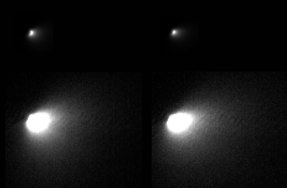 התמונות הללו שצולמו בידי החללית MRO (Mars Reconnaissance Orbiter) הן של גלעין השביט C/2013 A1 או סיידינג ספרינג במהלך המעבר של השביט ליד מאדים ב-19 באוקטובר 2014. השביט סיידינג ספרינג נמצא במסעו הראשון בקרבת השמש והוא הגיע מענן אורט בשוליים הקיצוניים של מערכת השמש. התמונה המורכבת משתי גרסאות של שניים מהתצלומים הטובים ביותר של השביט בידי HiRISE, בחלק העליון התמונות מטווח דינאמי, מראות את הגלעין וההילה הבהירה ליד הגלעין,. בתחתית התמונה רואים שתי גרסאות מובהרות של ההילה החיצונית, ובה האיזור הפנימי רווי. התמונות משמאל ומימין צולמו בהפרש של תשע דקות זו מזו. צילום: NASA/JPL-Caltech/University of Arizonna