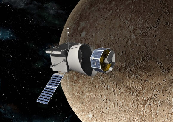 An artist's illustration of the Phi-Colombo spacecraft orbiting Mercury. Illustration: Astrium Company