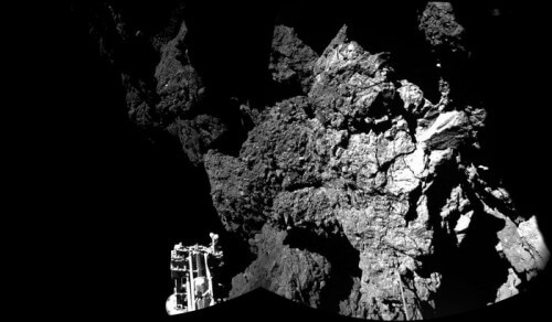 The first image sent by the Philae lander after landing on the comet. The ground is rockier than the mission scientists had estimated. Photo: ESA