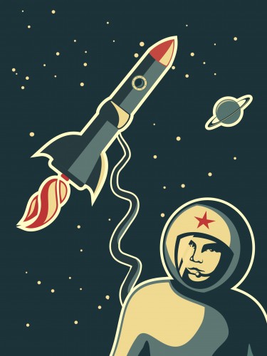 כרזת רטרו ובה אסטרונאוט וחללית מהתקופה הסובייטית. איור: shutterstock