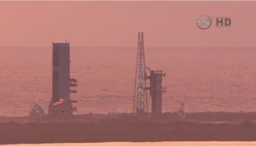 אוריון על כן השיגור סמוך לשעה 07:00 שעון החוף המזרחי, 14:00 שעון ישראל ב-4 בדצמבר 2014. צילום מסך מתוך הטלוויזיה של נאס"א