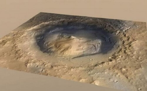 הדמיה תלת ממדית של מכתש גייל במאדים כפי שהוא נראה מהחלל. צילום: נאס"א/JPL