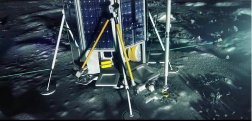 تقوم مركبة الهبوط Lunar One بإخراج الحفار. رسم توضيحي من مقطع فيديو على موقع التمويل الجماعي Kickstarter.