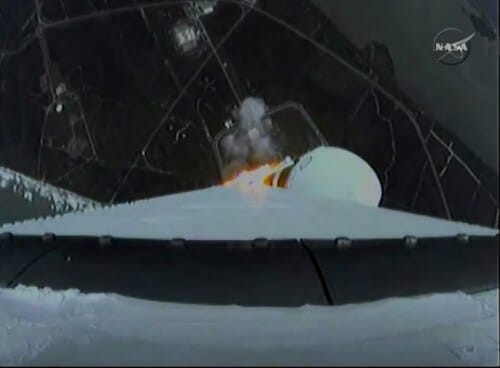 Orion spacecraft launch, 5/12/14 as seen from a camera placed on the spacecraft itself. Screenshot from NASA TV