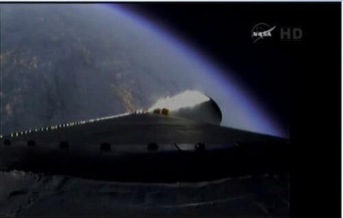 The arrival of the Orion spacecraft into space, a few minutes after launch, 5/12/14 as seen from a camera placed on the spacecraft itself. Screenshot from NASA TV