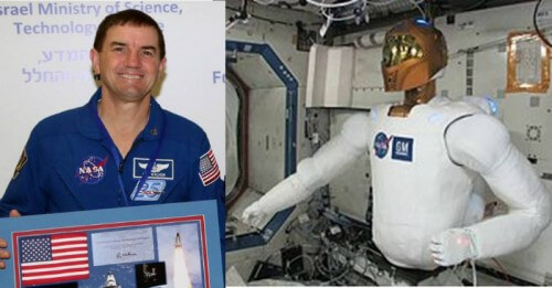 The robots are just the vanguard force. Robonaut-2 at the space station (right) and Rex Wollheim at the Ramon gathering Photographs: NASA, Sivan Farage.