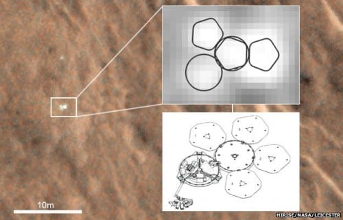 تكوين المركبة الفضائية Beagle 2 كما صورته المركبة الفضائية MRO. الصورة: وكالة ناسا ووكالة الفضاء الأوروبية وجامعة ليستر