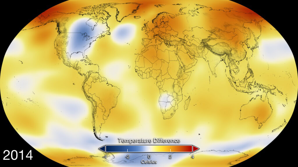 خريطة ملونة لشذوذ درجات الحرارة في عام 2014. المصدر: وكالة ناسا
