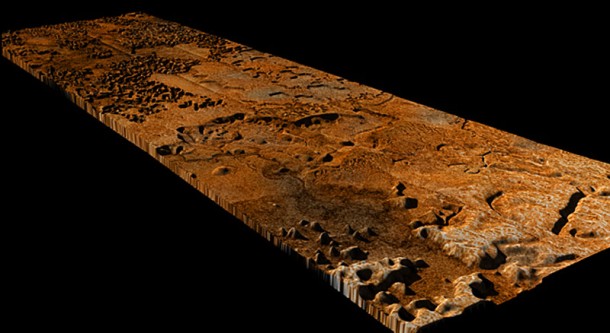 פרשנות מאויירת של איזור Sikun Labyrinthus על הירח השבתאי טיטאן מבוסס על סריקות מכ"ם ונתוני הדמיה שצילמה החללית קאסיני במגוון מכשירים. הגובה היחסי של פני השטח נסמך על הערכות המתבססות על העובדה שנוזלים זורמים במורד ההר. צילום: NASA/JPL/ESA/SSI and M. Malaska/B. Jonsson –