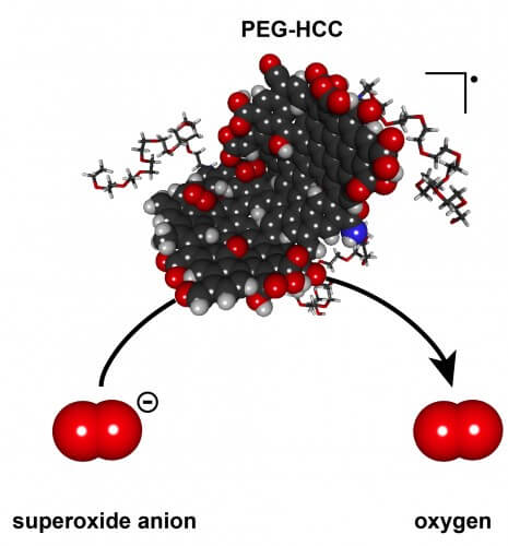 Hydrophilic carbon aggregate together with polyethylene glycol developed at Rice University has the potential to moderate the overexpression of harmful superoxides through the conversion of active oxygen species that may harm biological functions into neutral oxygen molecules. [Courtesy of Errol Samuel/Rice University]