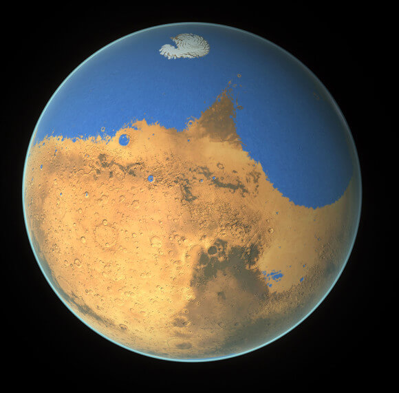 מדעני נאס"א קבעו כי אוקיאנוס פרימיטיבי על מאדים הכיל יותר מים מהאוקיאנוס הארקטי על כדור הארץ ואולם מאדים איבד 87% מתכולת המים שלו לחלל. איור . Credit: NASA/GSFC