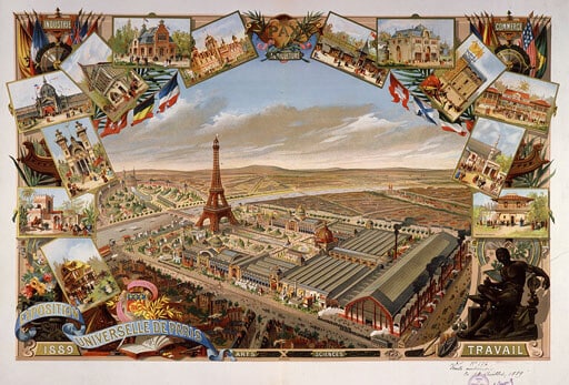 بطاقة بريدية توضح الهيكل العام للمعرض العالمي الذي أقيم في باريس عام 1889. من ويكيبيديا