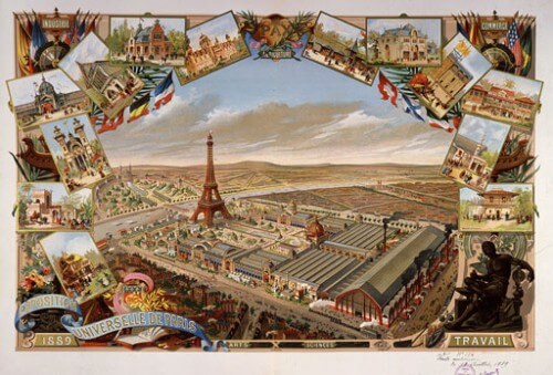 גלויה הממחישה את המבנה הכללי של התערוכה העולמית שהתקיימה בפריז בשנת 1889. מתוך ויקיפדיה