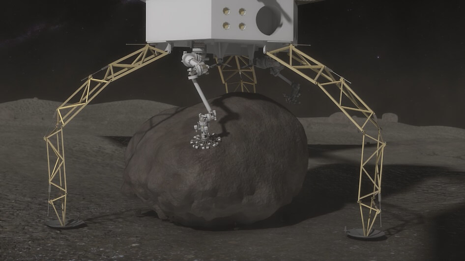 תיאור לכידת הסלע על פני השטח של אסטרואיד גדול על ידי חללית רובוטית במבצע ARM. איור: נאס"א