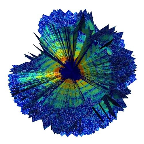 تُظهر هذه المحاكاة الحاسوبية مقطعًا عرضيًا من مجموعة تضم حوالي 200 نمط من الأشعة السينية. وتم دمج الصور في صورة مجمعة ثلاثية الأبعاد لفيروس عملاق (Mimivirus) والذي تم تصنيفه حتى اليوم عن طريق الخطأ على أنه بكتيريا بسبب حجمه. [بإذن من جامعة أوبسالا]
