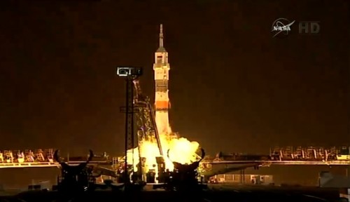 Launch of the 43rd International Space Station crew aboard a Soyuz rocket from Baikonur, Kazakhstan, March 27, 2014. Screenshot from NASA TV