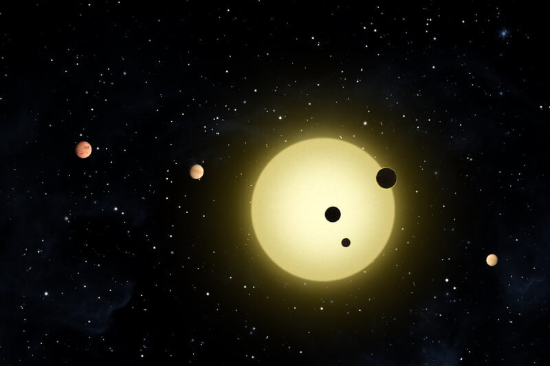איור אמן של מערכת השמש קפלר 11 הכוללת כוכב הדומה לשמש ושישה כוכבי לכת. טלסקופים המיועדים לחיפוש אחר כוכבי לכת מוצאים יותר ויותר עולמות בעלי סיכוי לגילוי חיים, לרבות למעלה מ-50% מכוכבי הלכת הפוטנציאליים הנמצאים באיזור החיים. המדענית הראשית של נאס":א אמרה כי יתגלו "עדויות חזקות" לחיים מחוץ לכדור הארץ בתוך שנים לא רבות