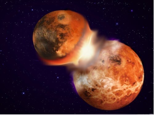 תיאור אמנותי של ההתנגשות בין 'טיה' לכדור הארץ, שהובילה להיווצרות הירח. מקור: חגי פרץ. ביצירת התמונה נעשה שימוש בתמונות מארגוני החלל האירופיים והאמריקאים (ESA, NASA). 