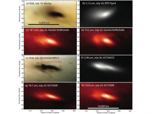 שמונה תצפיות לאחר פגיעת סלע חללי בצדק ב-19 ביולי 2009. צילום: NASA/JPL-Caltech/IRTF/STScI/ESO/Gemini Observatory/AURA/A. Wesley 