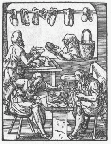 תחריט עץ המתאר את עבודת הסנדלרים בשנת 1568. מתוך ויקיפדיה