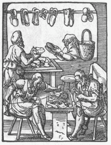 Wood engraving depicting the work of cobblers in 1568. From Wikipedia