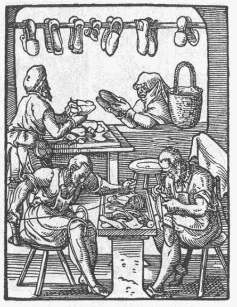 תחריט עץ המתאר את עבודת הסנדלרים בשנת 1568. מתוך ויקיפדיה