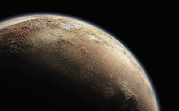 איור של פלוטו המבוסס על נתונים ששיגרה החללית ניו הוריזונס הנמצאת בדרכה אליו. באופן בלתי ניתן להסבר יש לפלוטו אטמוספירה, אם כי דלילה, ופני השטח שלו נראים בצבע אדום בהיר – אפרסק, אך גם איזורים בצבעים של לבן ואדום כהה. איור: An artist’s illustration of Pluto. (Illust. Credit: NASA/New Horizons)