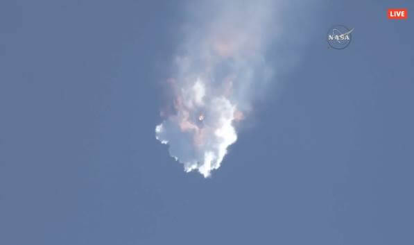 Moment of explosion from SpaceX's Falcon-9 launcher, 28/6/15. Screenshot from NASA TV