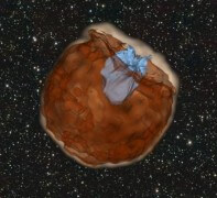 תמונה מתוך סימולציה של סופרנובה מסוג Ia.בסימולציה, כוכב המתפוצץ בסופרנובה מסוג Ia (בצבע חום כהה). חומר מהסופרנובה נפלט החוצה במהירות של כ -10,000 קילומטרים לשניה. החומר פוגע בכוכב המלווה שלו (בצבע תכלת). התנגשות אלימה זו מייצרת פעימות תת סגולות המפלטות מחור" שנוצר על ידי הכוכב המלווה. איור: דן קאסן