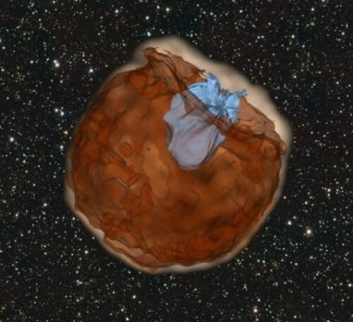 صورة من محاكاة مستعر أعظم من النوع Ia. في المحاكاة، ينفجر نجم في مستعر أعظم من النوع Ia (باللون البني الداكن). تم قذف المواد من المستعر الأعظم بسرعة حوالي 10,000 كيلومتر في الثانية. تضرب المادة النجم المرافق لها (باللون الأزرق الفاتح). ينتج عن هذا الاصطدام العنيف نبضات فوق بنفسجية تخرج من "ثقب" أحدثه النجم المرافق. الصورة: دان كاسن
