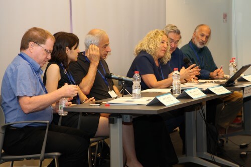 : A panel of experts from different fields of opinion discuss human-machine relations at the Wolf Foundation's annual conference: from right to left: Prof. David Harel; Prof. James Bjorken, winner of the 2015 Wolf Prize in Physics; Prof. Mina Teicher; Prof. Shimon Ullman; Dr. Kira Radinsky; Prof. Eli Biham.