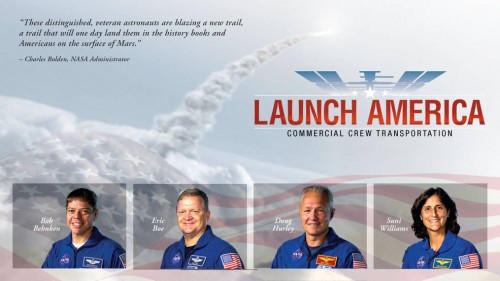 רוברט בנקן, אריק בואה, דאגלס הארלי וסוניטה ויליאמס, האסטרונאוטים שנבחרו להטיס את טיסות הניסוי של החלליות הפרטיות. צילום: נאס"א