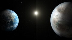 איור: כדור הארץ (משמאל) וכוכב הלכת קפלר 452b הגדול ממנו ב-60%. צילום: NASA/JPL-Caltech/T. Pyle