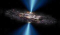 איור של הגלקסיה והחור השחור הענק שבמרכזה. החור השחור ממיר חלק מהחומר שהוא סופח לקרינה אנרגטית (בגווני כחול), בעוד שהגלקסיה ממשיכה ליצור כוכבים חדשים (אזורים סגולים). [קרדיט איור: מייקל הלפנביין\אוניברסיטת ייל - M. Helfenbein / Yale University]