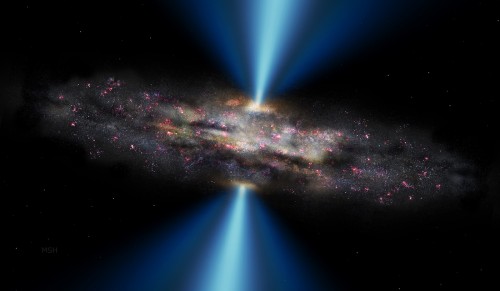 رسم توضيحي للمجرة والثقب الأسود العملاق في مركزها. ويحول الثقب الأسود بعض المادة التي يمتصها إلى إشعاعات حيوية (مظللة باللون الأزرق)، بينما تستمر المجرة في تكوين نجوم جديدة (مناطق أرجوانية). [رصيد الصورة: مايكل هيلفينباين/جامعة ييل - إم. هيلفنباين/جامعة ييل]