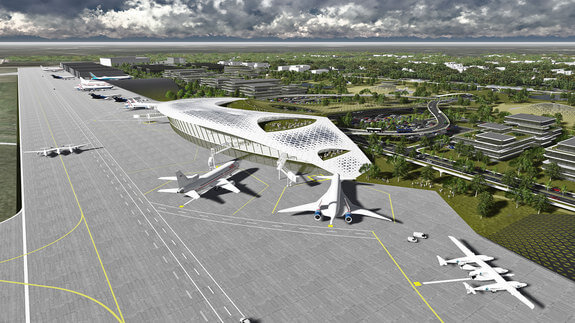 A rendering of the Dream Chaser spacecraft landing at the Ellington Spaceport in Houston. Illustration: Houston Airports Authority