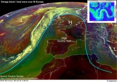 חסימת אומגה מעל אירופה ב-30 ביוני 2015. זרם הסילון בצורת אומגה מודגש באופן מלאכותי. Severe Weather Europe / EUMETSAT