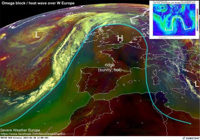 חסימת אומגה מעל אירופה ב-30 ביוני 2015. זרם הסילון בצורת אומגה מודגש באופן מלאכותי. Severe Weather Europe / EUMETSAT