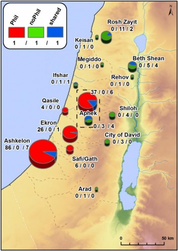 תפוצת הצמחיה באתרי פלישתים מתקופת הברזל. גודל העיגולים משקף את מספרם הכולל של מיני הצמחים שזוהו באתרים מתקופת הברזל. הצבע האדום מעיד על שהם הופיעו רק באתרים פלישתיים מתקופת הברזל. הצבע הירוק מעיד על כך שהם הופיעו רק באתרים של עמים שאינם פלישתים מאתה תקופה. הצבע הכחול מעיד כי באתר התקיימו שני סוגי הצמחיה במקביל. MAP PRODUCED BY M. FRUMIN USING ARCGIS FOR DESKTOP (ARCMAP 10.1), ESRI