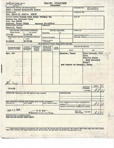 בקשת החזר ההוצאות של באז אלדרין לאחר שובו מן הירח בטיסת אפולו 11. צילום מתוך דף הפייסבוק של באז אלדרין
