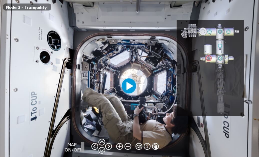Screenshot from the interactive panoramic tour of the International Space Station, on the European Space Agency website. In this screen you can see the Italian astronaut Samantha Cristoforti, against the background of the cupola component, a component that sticks out from NODE 3 of the station, and consists of seven windows from which you can see the Earth and the rest of the station. Photo: European Space Agency