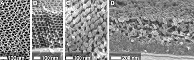 Photographs from a scanning electron microscope showing a periodically ordered porous resin pattern (A and B) as well as the crystalline nanostructure of the finished silicon after removal of the pattern (C and D). [Courtesy: Wiesner lab]